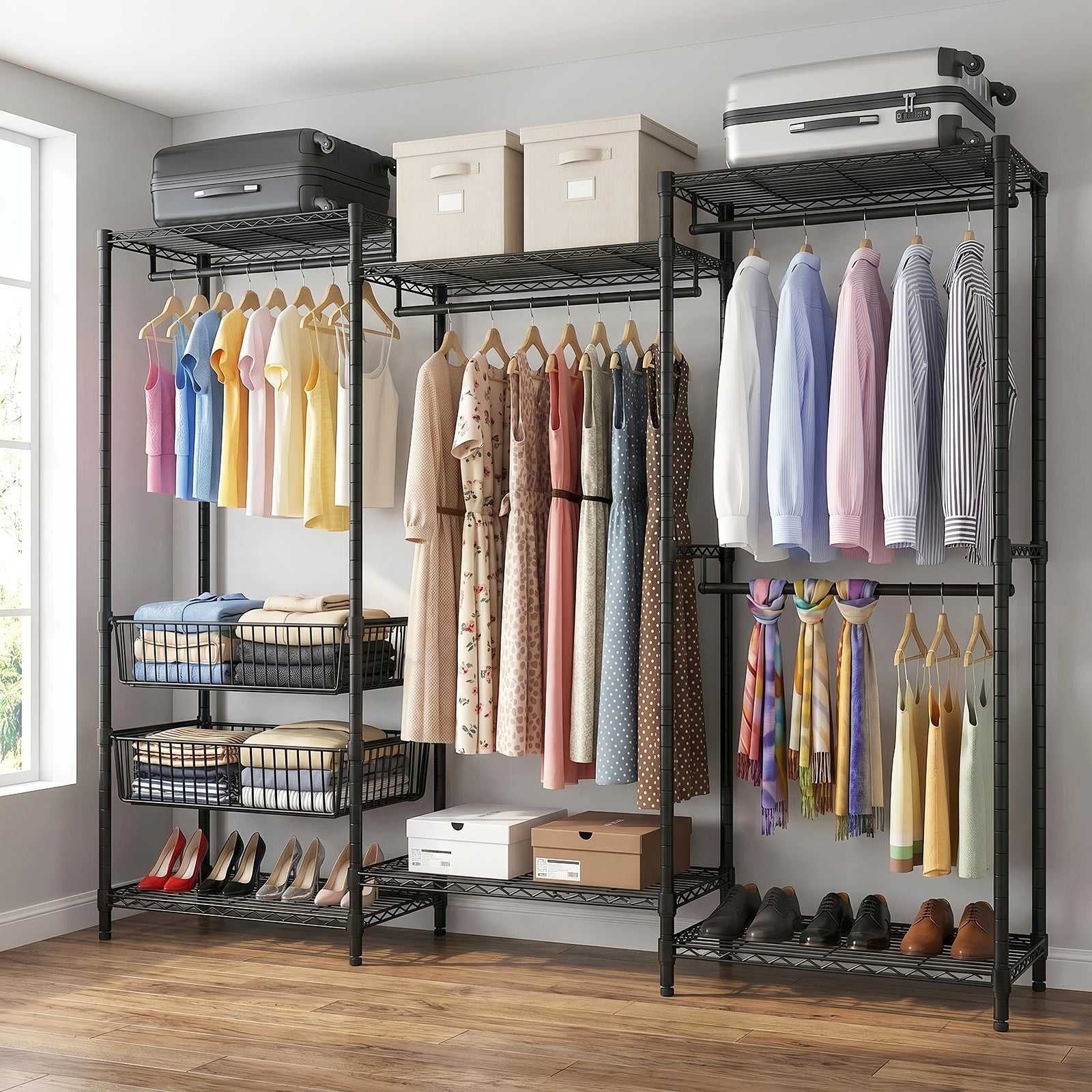 Heavy Duty Clothes Rack, Freestanding Garment Rack with 4 Hanging Rods & 2 Wire Baskets, Large Size Clothing Rack with Adjustable Wire Shelves, 68.5" W x 17.1" D x 76.4" H, Black image 8
