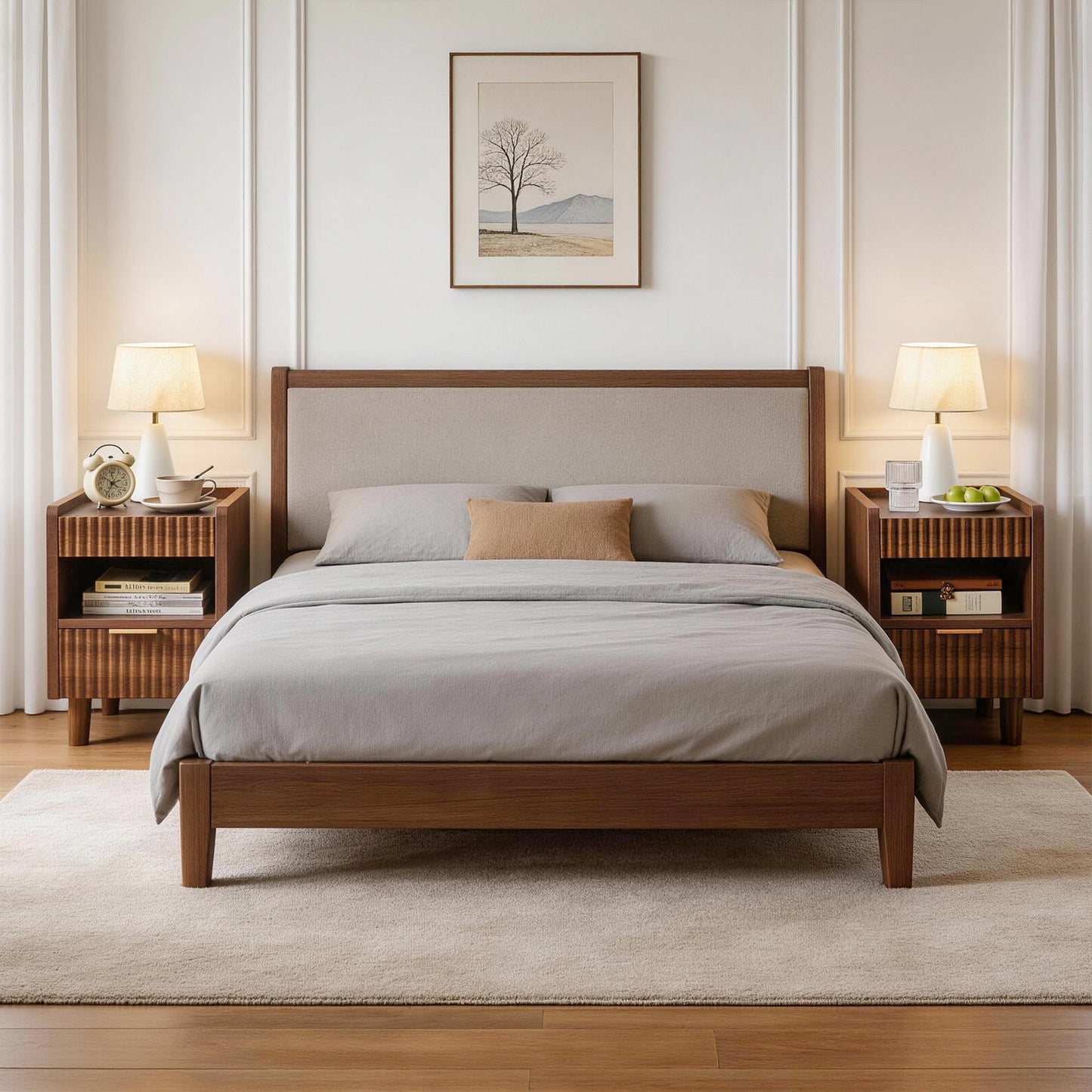 Walnut Brown Fluted Wood Nightstands with Drawer and Open Storage, 2 Pack Modern Bedroom Bedside Side End Tables for Living Room Home Decor image 9