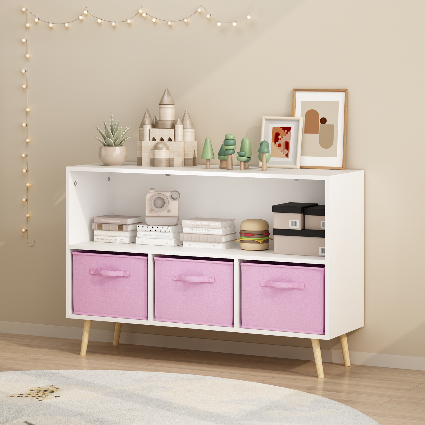 Kids bookcase with Collapsible Fabric Drawers, Children's Book Display, Toy Storage Cabinet Organizer, White/Pink image 1