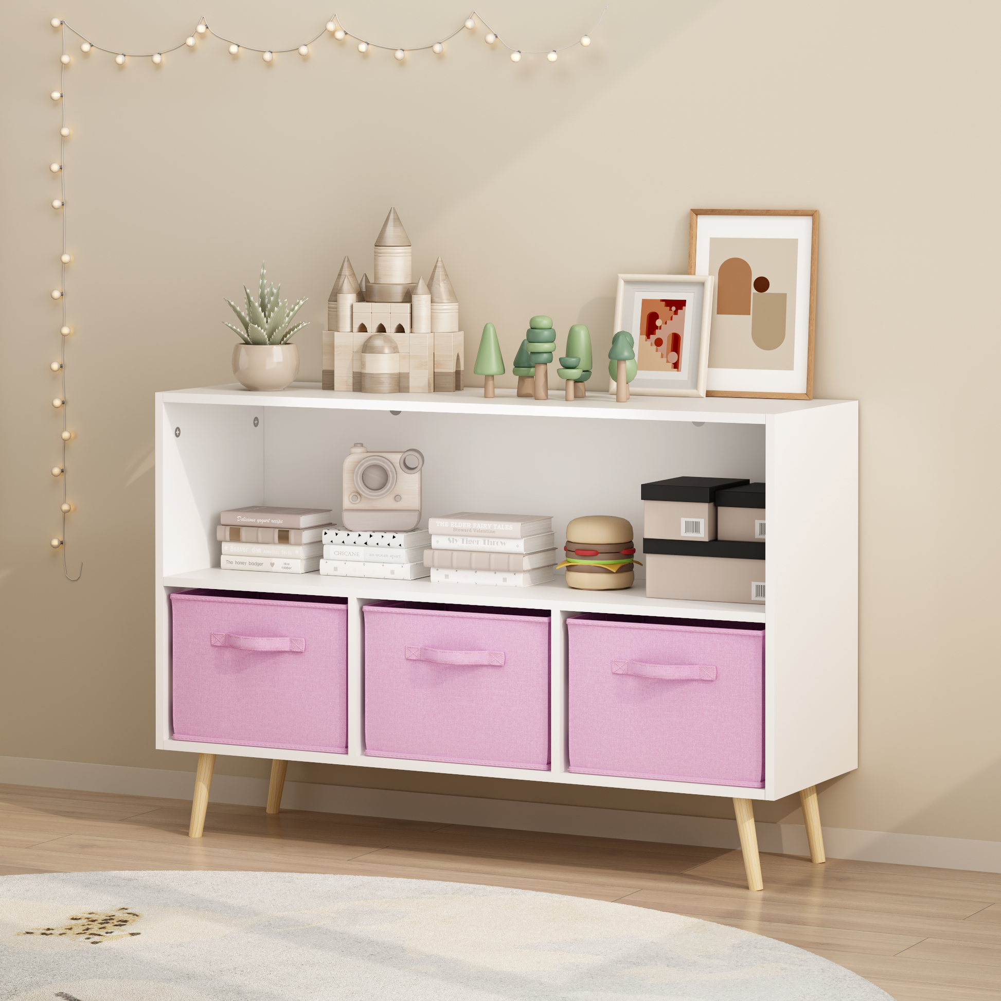 Kids bookcase with Collapsible Fabric Drawers, Children's Book Display, Toy Storage Cabinet Organizer, White/Pink image 1