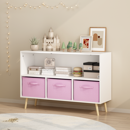 Kids bookcase with Collapsible Fabric Drawers, Children's Book Display, Toy Storage Cabinet Organizer, White/Pink image 1