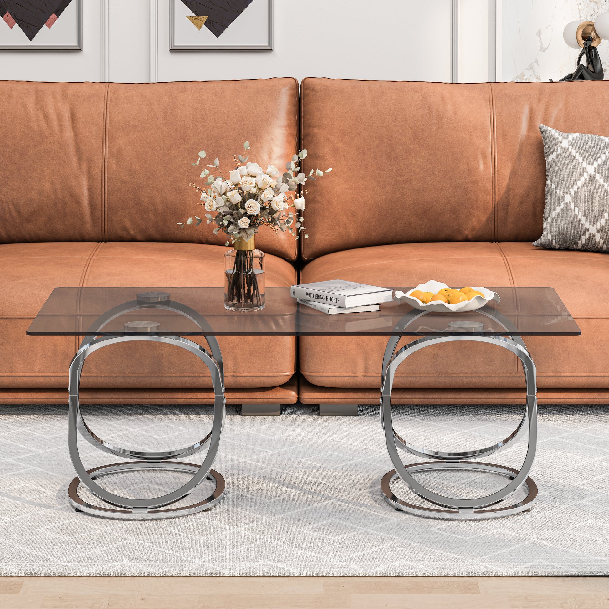 31.50'' Modern Rectangle Glass Coffee Table with Ring-Shaped Frames, Chrome Finish and Gray Tempered Glass, Luxury Center Table for Living Room, Bedroom and Office, Silver image 1