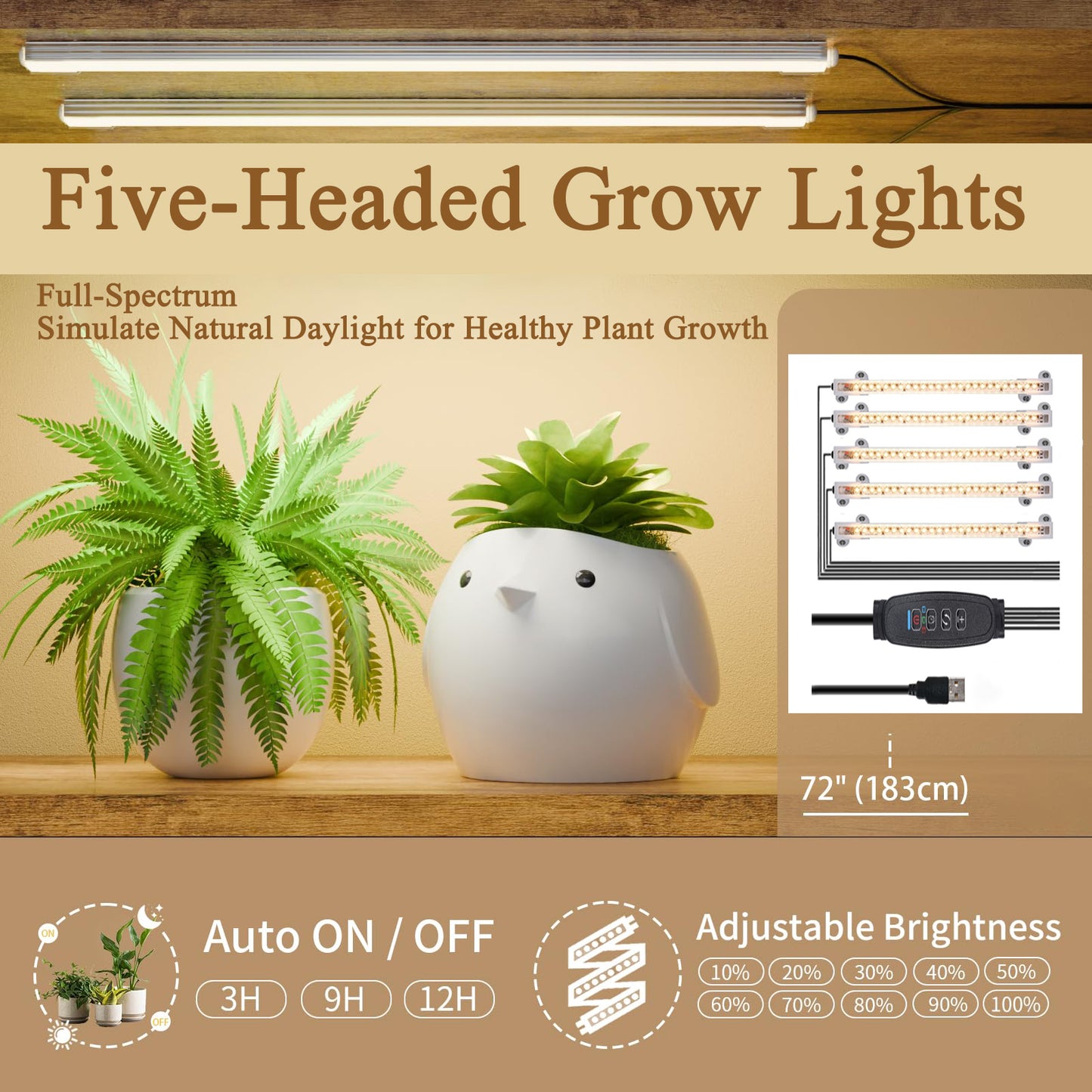 Plant Stand indoor 9-Tiered, 63.6" Tall Plant Stand with 5 Grow Lights, Adjustable Lighting Modes (5/3/2 Lights), 10-Level Dimming & 3 Timer Settings, Energy-Efficient, Perfect for Plant Growth image 7