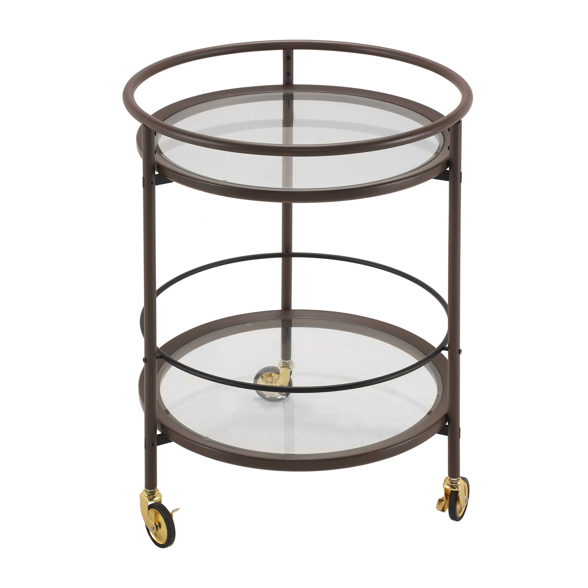 Modern Coffee Brown Round Bar Cart with Tempered Glass Shelves and Gold Locking Casters image 2