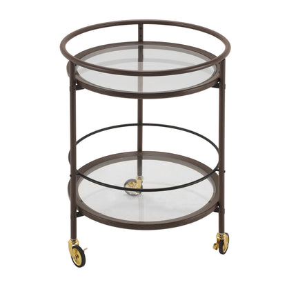 Modern Coffee Brown Round Bar Cart with Tempered Glass Shelves and Gold Locking Casters image 2