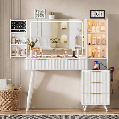 Makeup Vanity Desk with Mirror and Lights The fluted panel design, which is distinct and meticulously detailed image 1