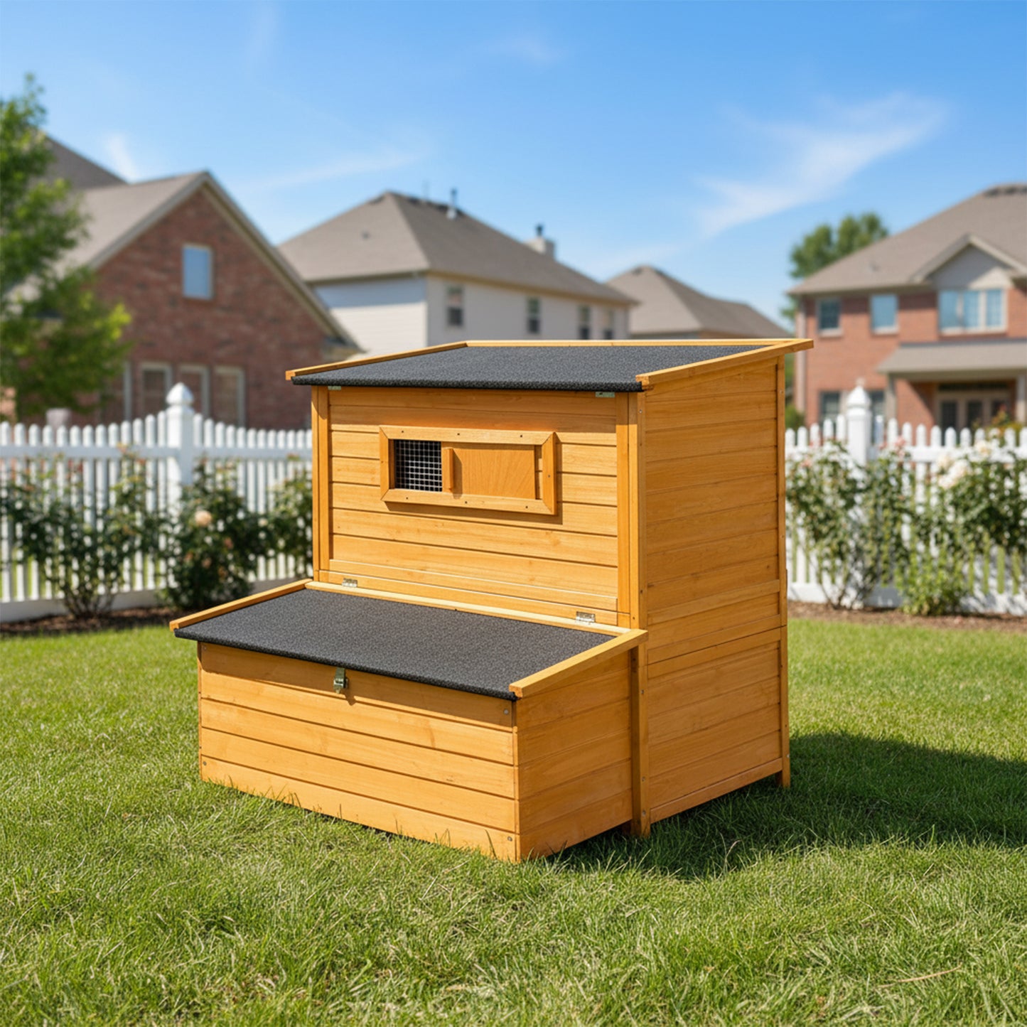 Chicken Coop, Double-House Wooden Chicken Coop For 6-8 Chickens With 3 Nesting Boxes And 2 Pull-Out Trays, Featuring A Foldable Ramp And Asphalt Roof image 5