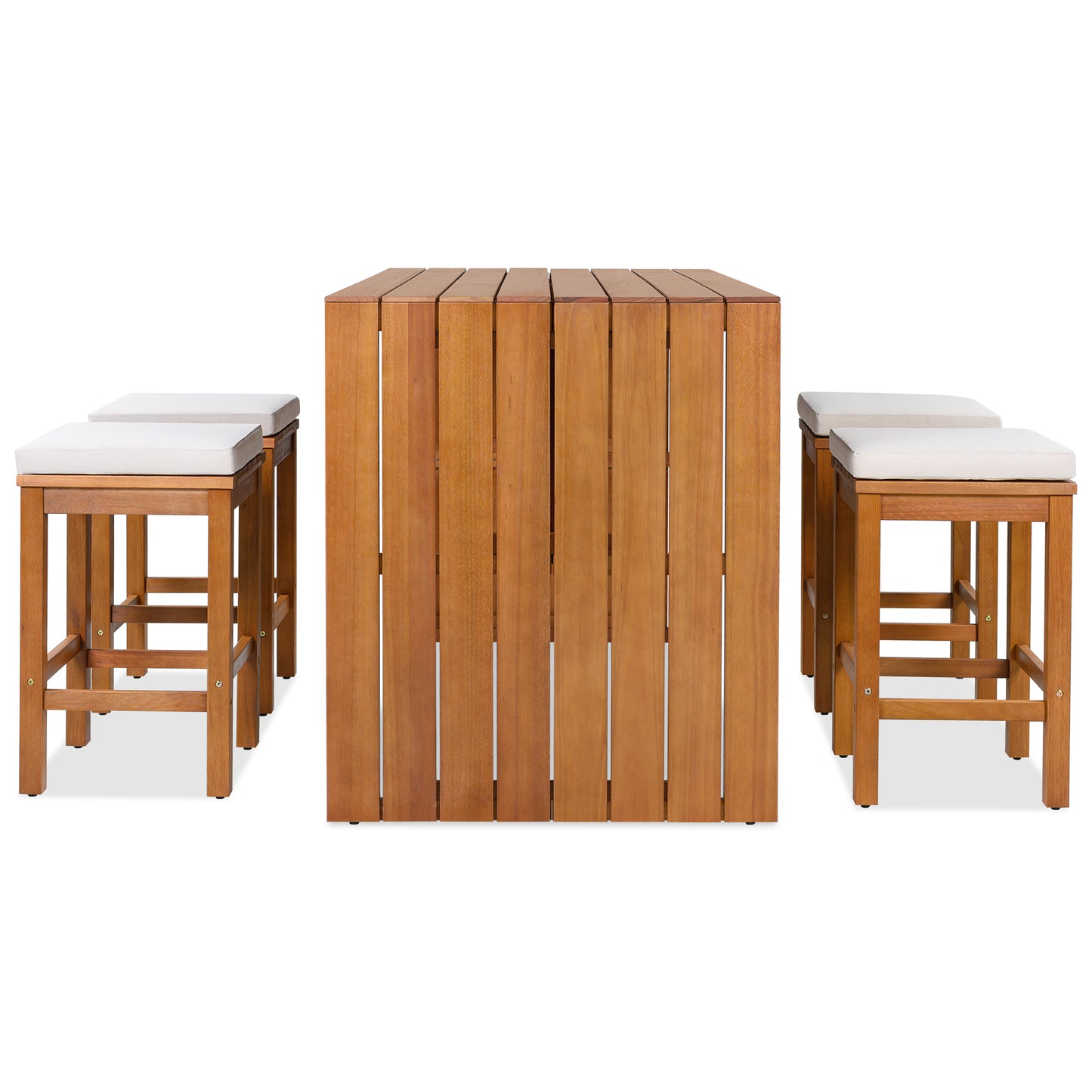 5 Piece Outdoor Bar Set, Patio Acacia Wood Bar Height Table & Four Stools with Cushions, Wood Dining Bar Set for Backyard, Poolside, Balcony, Beige Cushion and Natural Wood image 11