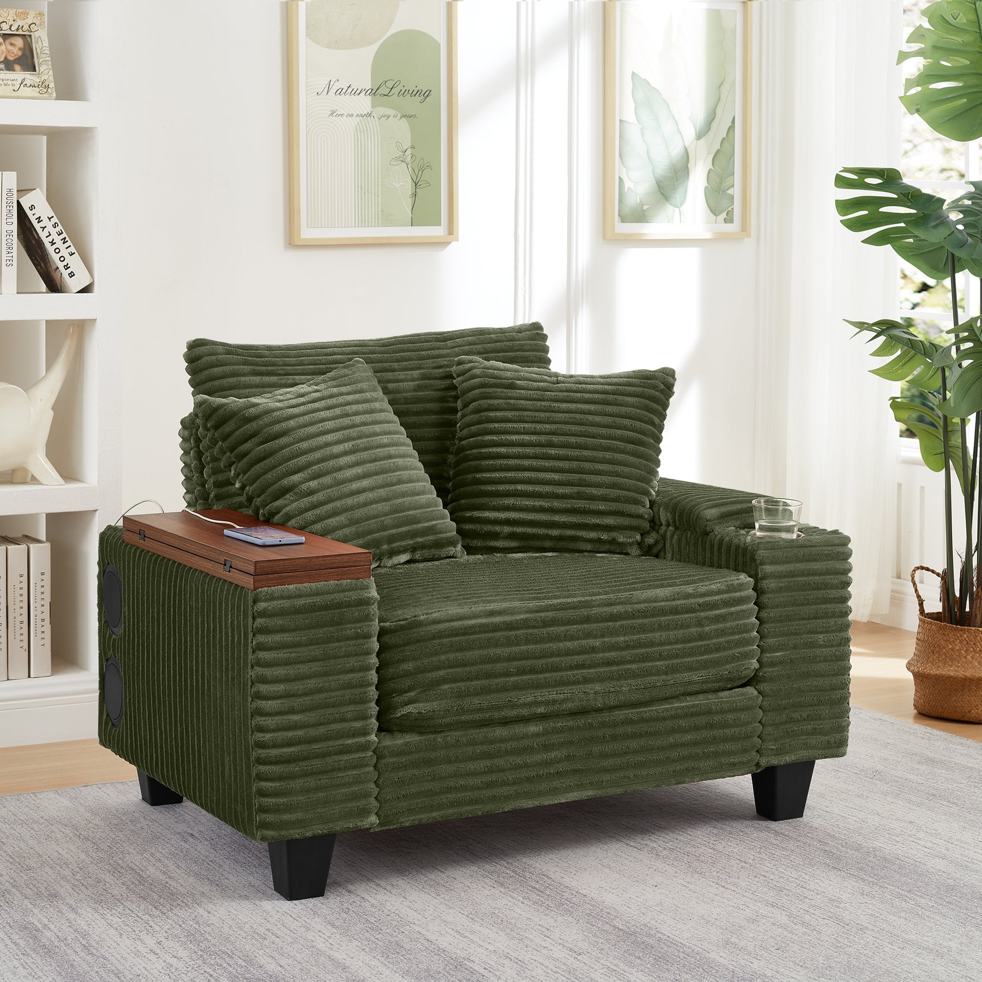 Fluffy Corduroy Storage Armrest Sofa,Single Versatile Seat with Ottoman,Cup Holder,Bluetooth Speaker,USB Ports,180°Rotating Table Board,For Living Room,Bedroom and Apartment image 11
