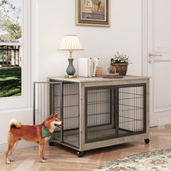 Furniture Style Dog Crate Side Table on Wheels - Grey - Dekuch