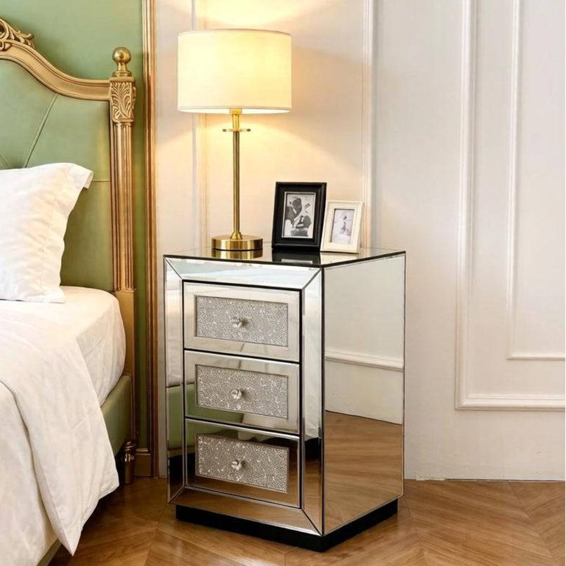 Mirrored Nightstand 3 Drawer, Silver Mirror Finish Bedroom Side Table with Crystal Handles for Living Room, Apartment, Office. Silver. image 3