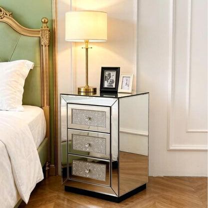 Mirrored Nightstand 3 Drawer, Silver Mirror Finish Bedroom Side Table with Crystal Handles for Living Room, Apartment, Office. Silver. image 3