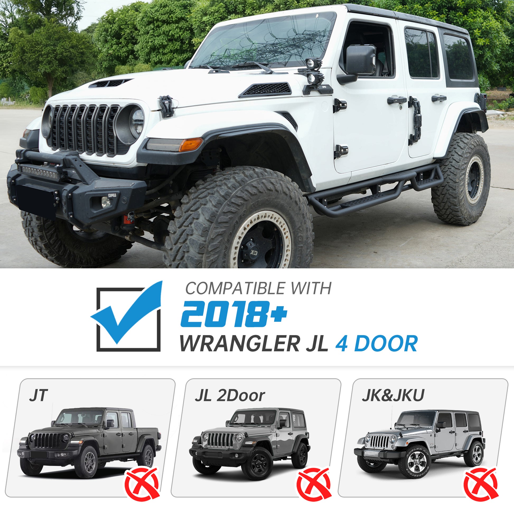 Coated Black Carbon 6-Inch 2-Stairs Side Step Rails Step Bars Steel Nerf Bars Running Boards Compatible with Jeep Wrangler JL 4 Doors 2018-2026 For Off-Road Protection Direct Bolt-On Installation image 3