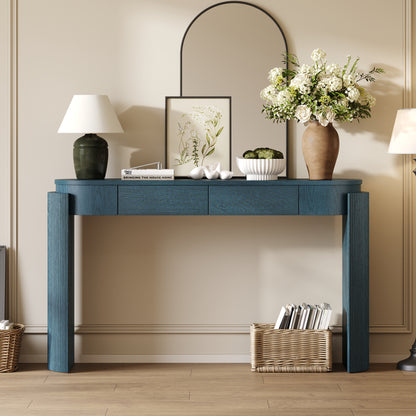 TREXM Entryway Table with Natural Wood Grain Finish, Console Table with Fluted Design, Oval Top and 2 Drawers for Entryway and Living Room (Navy) image 1