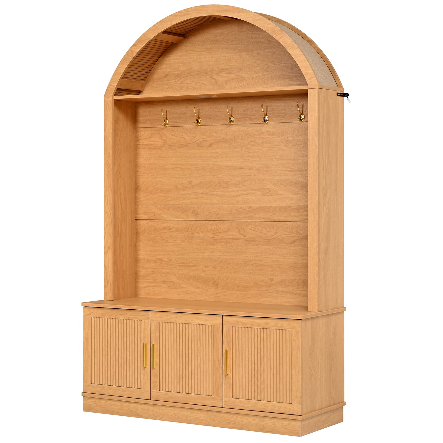 Farmhouse Fabric Arched Top Hall Tree with 5 Metal Hooks, All-in-One Mudroom Furniture with Adjustable Shelves, Mid-Century Fluted Door Entryway Bench with Wood Grain Finish for Hallway, Natural image 8