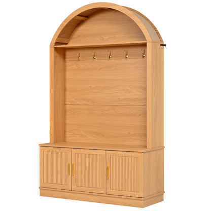 Farmhouse Fabric Arched Top Hall Tree with 5 Metal Hooks, All-in-One Mudroom Furniture with Adjustable Shelves, Mid-Century Fluted Door Entryway Bench with Wood Grain Finish for Hallway, Natural image 8