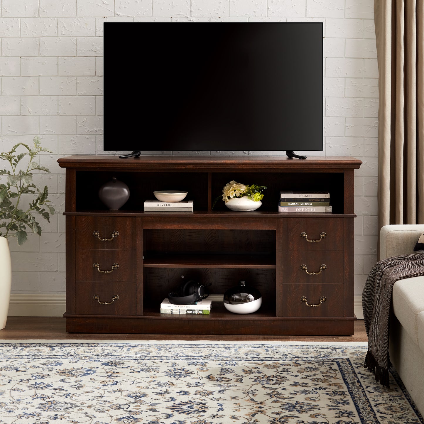 Retro TV Stand with Storage for TVs up to 65'', Mid Century Modern TV Stand & Entertainment Center with Shelf,TV Stand for Media,TV Console Table for Living Room Espresso 60"W*15.75"D*34.25"H image 1