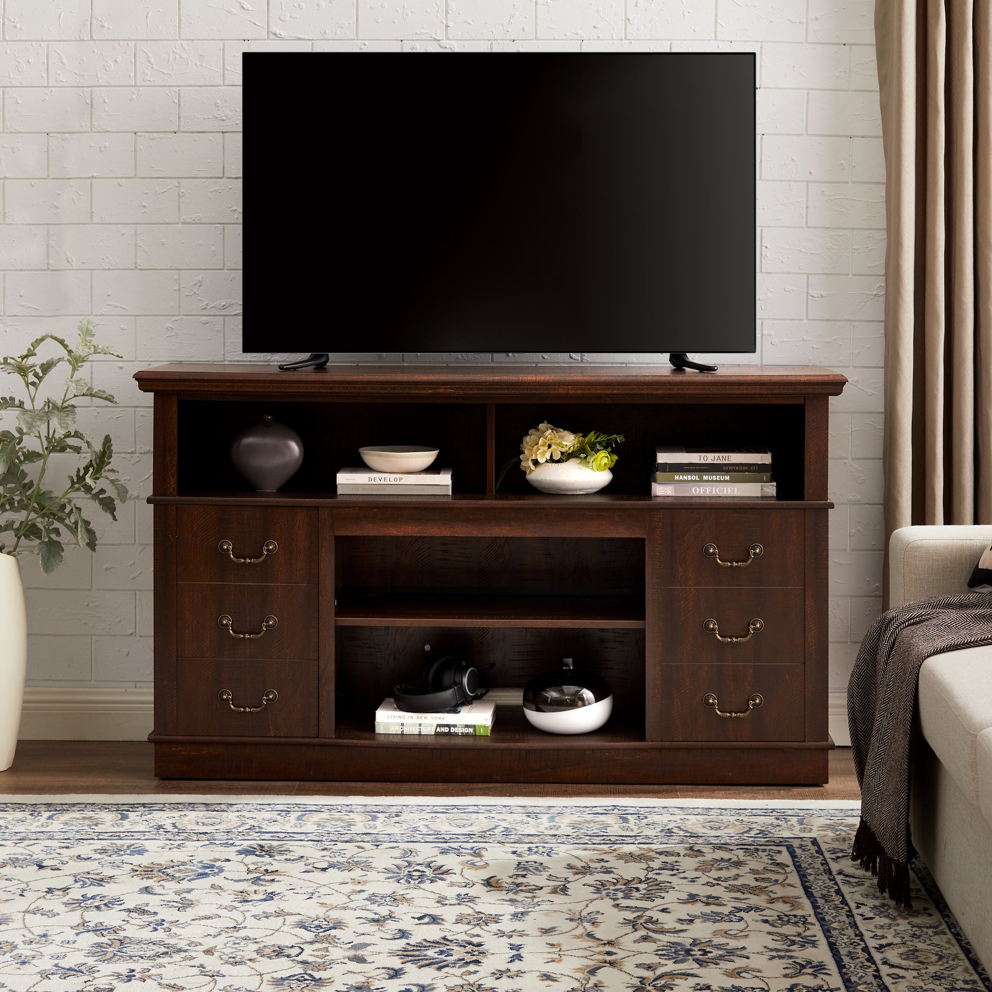 Retro TV Stand with Storage for TVs up to 65'', Mid Century Modern TV Stand & Entertainment Center with Shelf,TV Stand for Media,TV Console Table for Living Room Espresso 60"W*15.75"D*34.25"H image 1