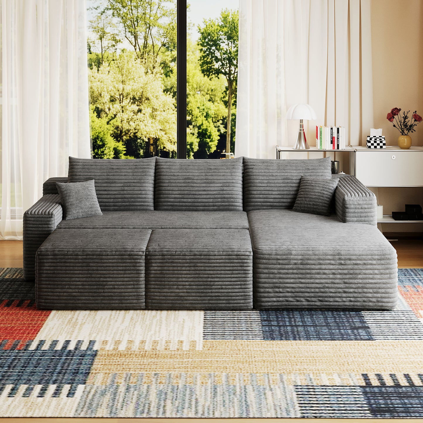 95" Cloud Sectional Sofa with 2 Ottoman,Modern Minimalist Upholstered Couches, Comfort U Shaped Sofa for Living Room,Deep Seat Corner Couch,No Assembly Required,Dark Grey(Plush Corduroy Fabric) image 5