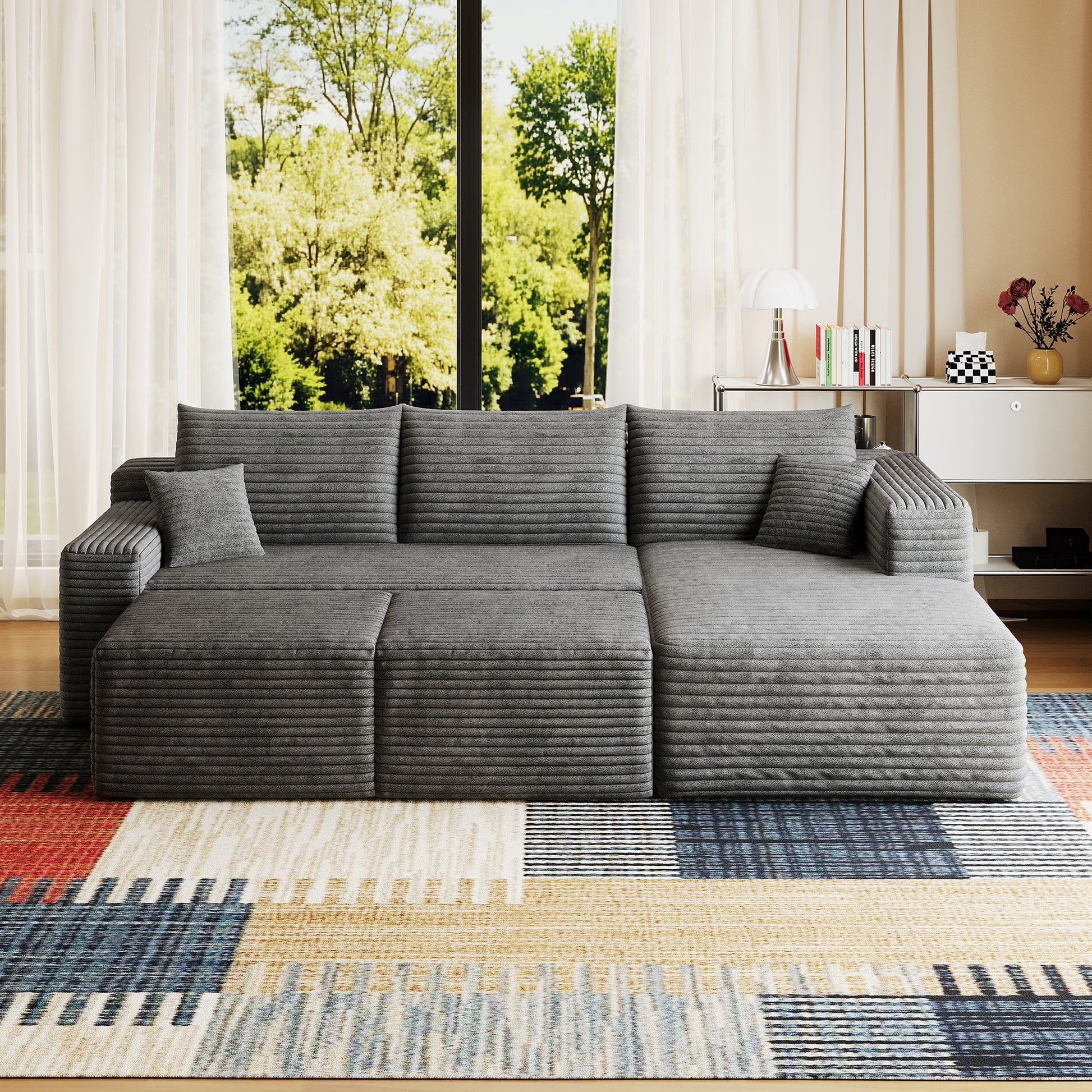 95" Cloud Sectional Sofa with 2 Ottoman,Modern Minimalist Upholstered Couches, Comfort U Shaped Sofa for Living Room,Deep Seat Corner Couch,No Assembly Required,Dark Grey(Plush Corduroy Fabric) image 5