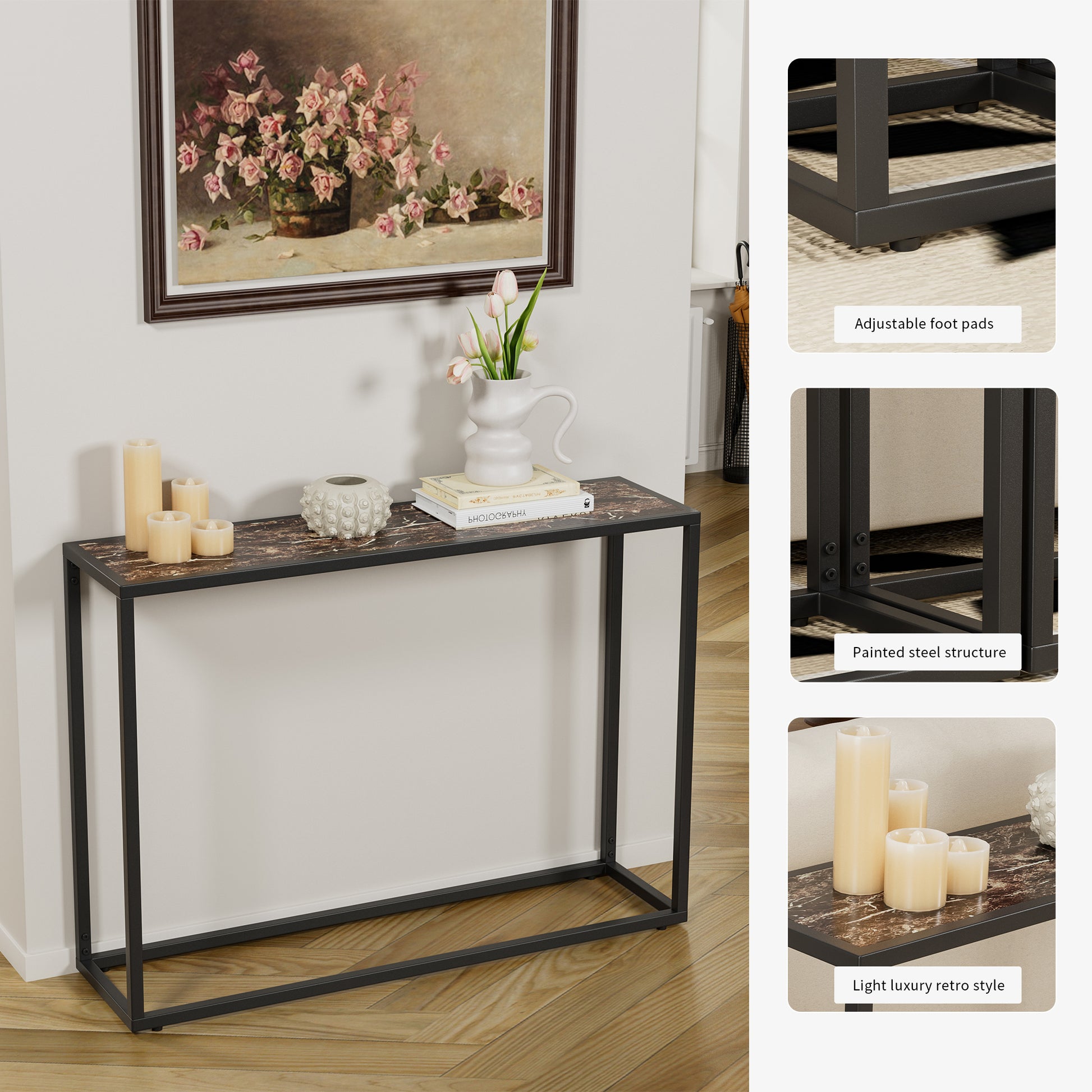 Narrow console table, high-end edge wrapped foyer table, entrance, industrial corridor table, living room, foyer, rural brown and black image 5
