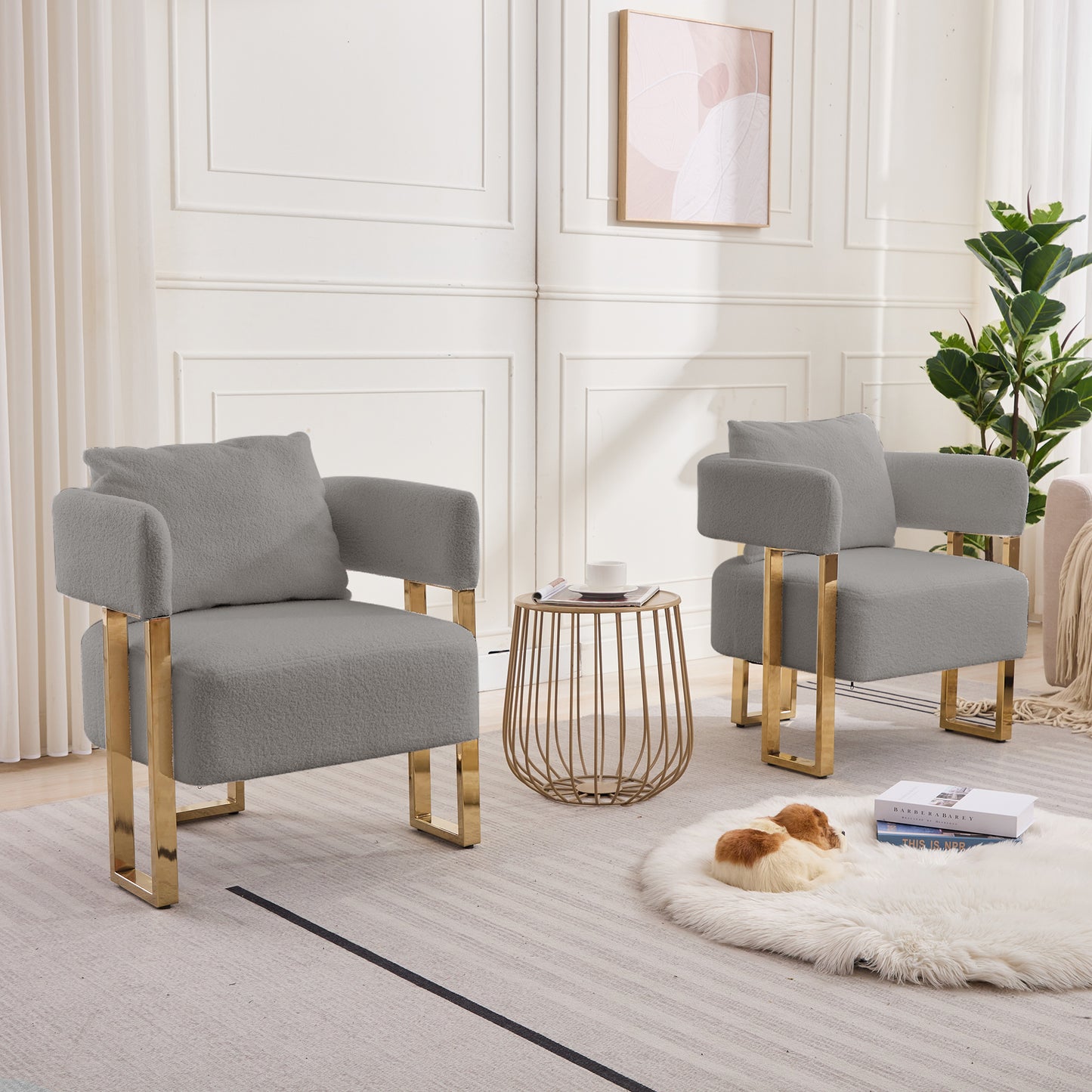 TS Modern decorative chair, living room side chair with gold metal legs, no wheels, suitable for dressing area, reception room, office,Teddy fleece upholstered metal foot sofas 2PCS Grey image 1