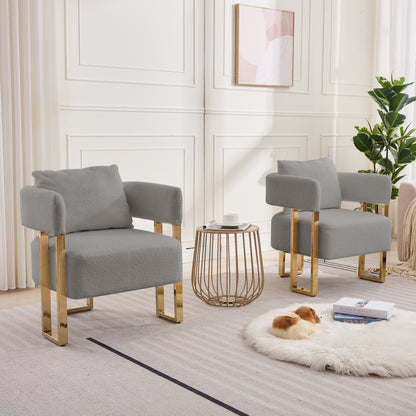 TS Modern decorative chair, living room side chair with gold metal legs, no wheels, suitable for dressing area, reception room, office,Teddy fleece upholstered metal foot sofas 2PCS Grey image 1
