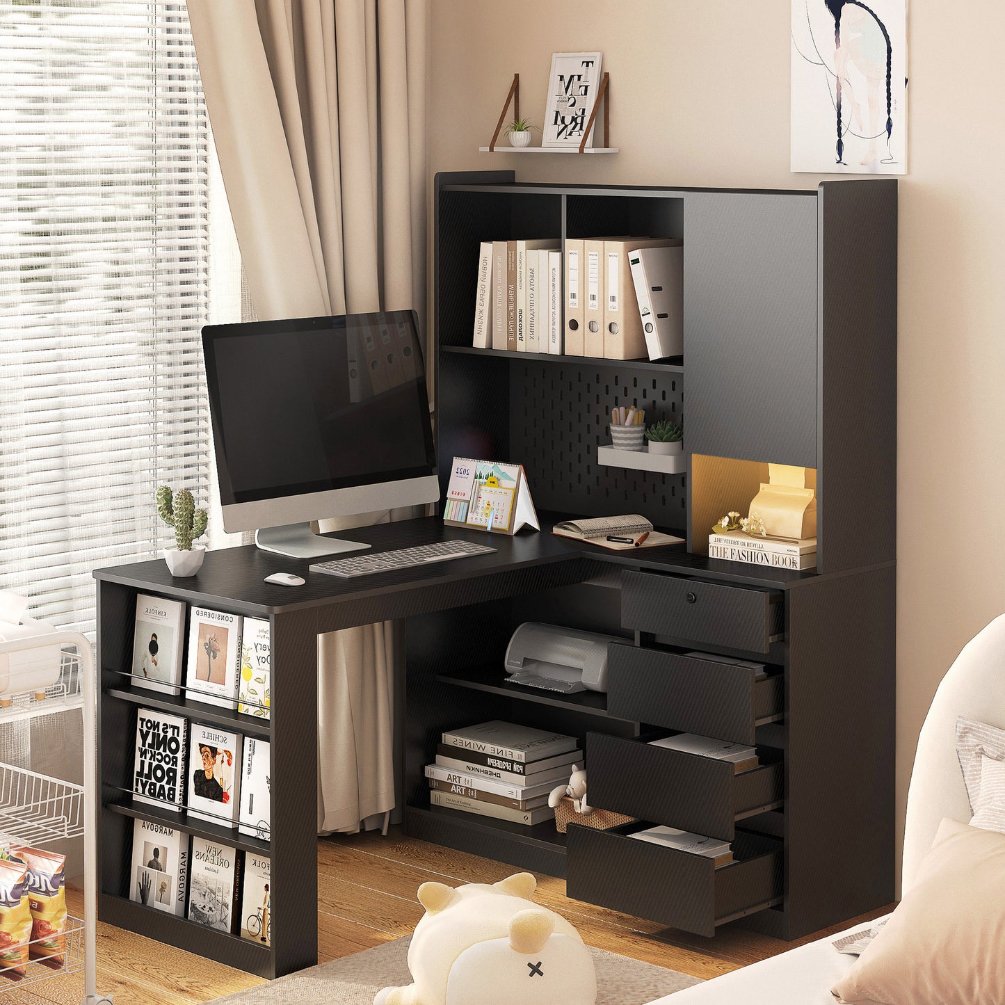 L Shaped Desk with Charger,Computer Desk with Drawers,Bookshelf, with LED Light,Modern Corner Desk,Home Office Desk,L-Shaped Study Table Writing Desk,Corner Gaming Computer Desk with Storage image 3