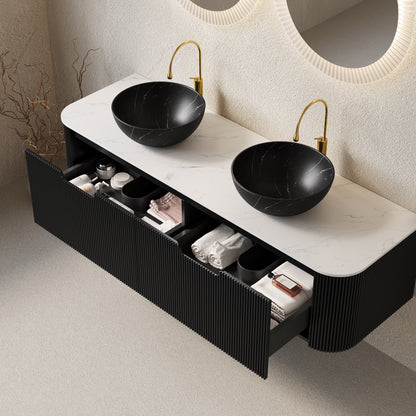 DINA 60" Bathroom Vanity&Sinks, Floating Curved Edges Striped Storage Cabinet with 2 Drawers, 2 Matte Stone Black Bowl Ceramic Basins&Carrara White Sintered Stone Top, Pre-assembled, Black Color image 2