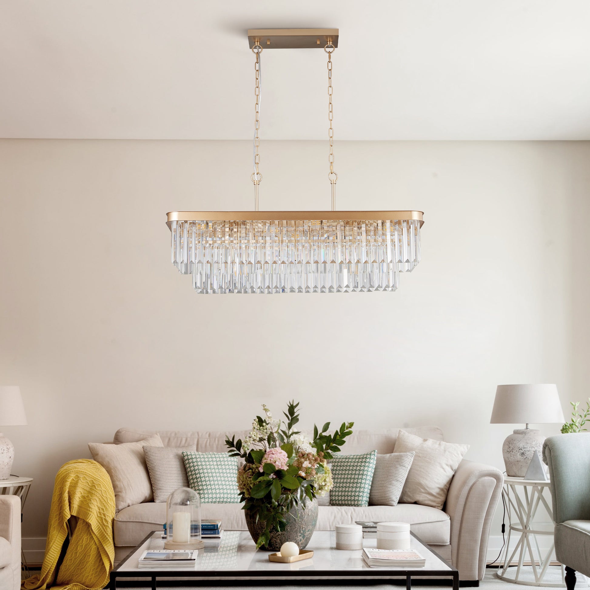 Chandeliers,Rectangular Crystal Chandelier Adjustable,E12 Modern Industrial Crystal Lights,Farmhouse Iron Ceiling Hanging Light for Kitchen Living Room Bedroom/Gold(Bulb Not Included) image 1