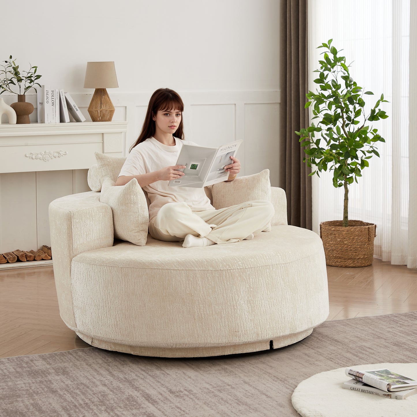 55''L Polyester Foam Single Swivel Chair, Fluffy Modern Sleeper, 360 Degree Swivel Chair for Living Room, Bedroom, Lounge and Projection Room image 1