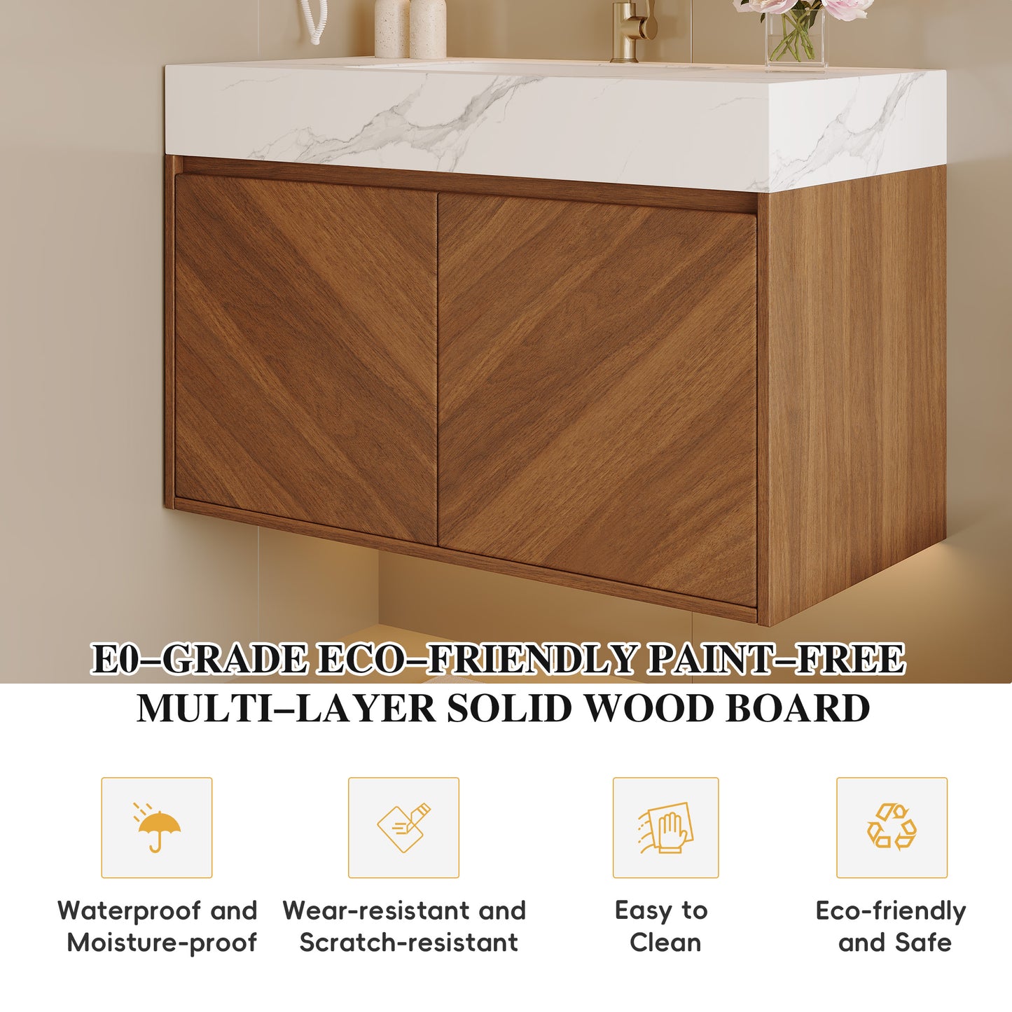 30" Modern Wall-Mounted Bathroom Vanity with Ceramic Sink – Brown Oak, Soft-Close image 11