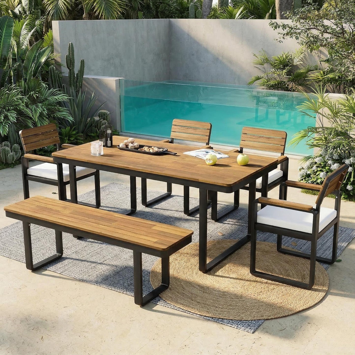 6-Piece Outdoor Dining Set, Acacia Wood, 1 Table with 4 Chairs & 1 Bench for 6-7 Person, Comfortable Cushions on Chairs, Adjustable Feet, for Patio, Garden, Backyard Dining, Beige Cushion image 3