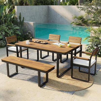 6-Piece Outdoor Dining Set, Acacia Wood, 1 Table with 4 Chairs & 1 Bench for 6-7 Person, Comfortable Cushions on Chairs, Adjustable Feet, for Patio, Garden, Backyard Dining, Beige Cushion image 3