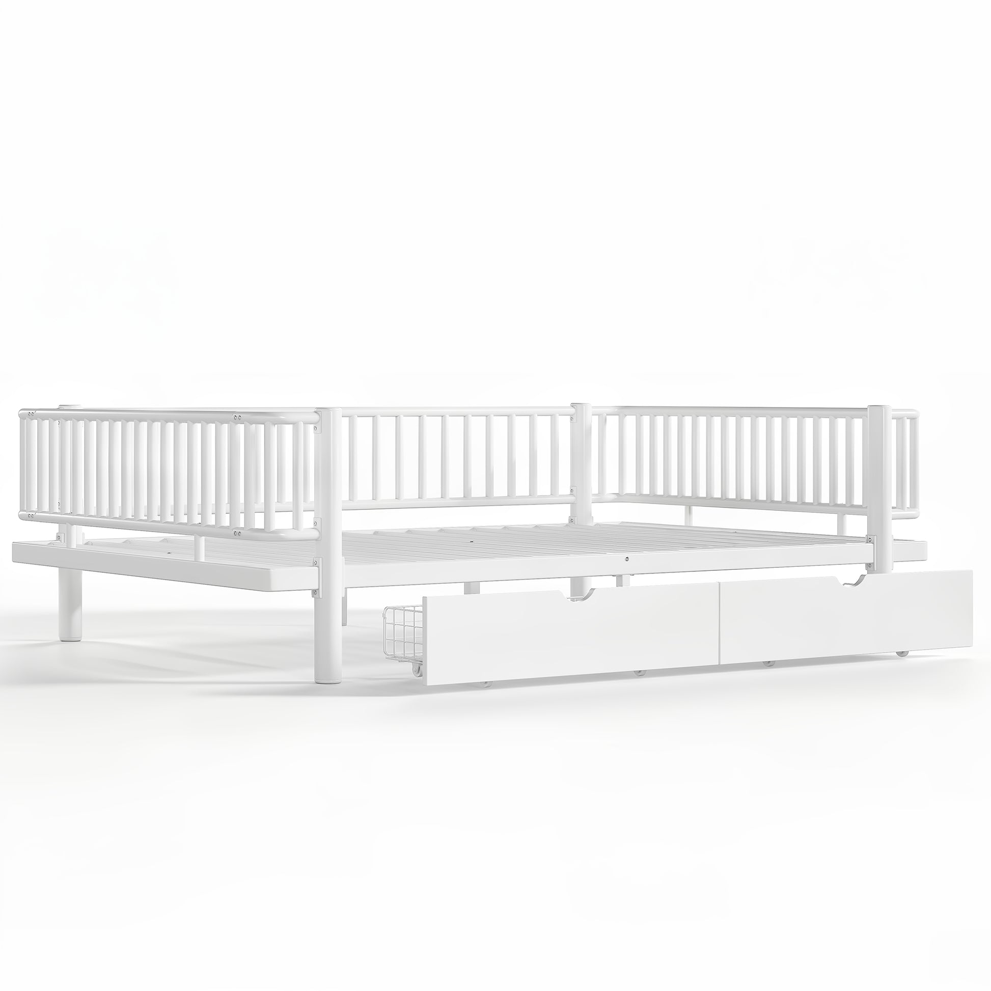 Queen Size Platform Bed with Storage Drawers, Metal Daybed Frame with Upgraded Safety Round-Pipe Design, Low Profile Design, White image 11