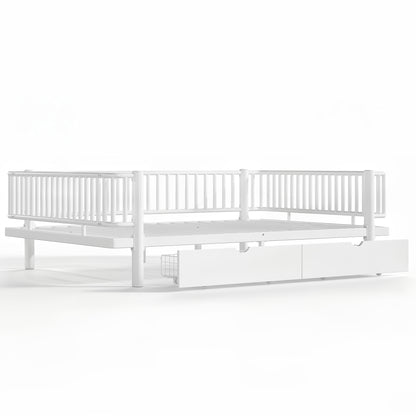 Queen Size Platform Bed with Storage Drawers, Metal Daybed Frame with Upgraded Safety Round-Pipe Design, Low Profile Design, White image 11