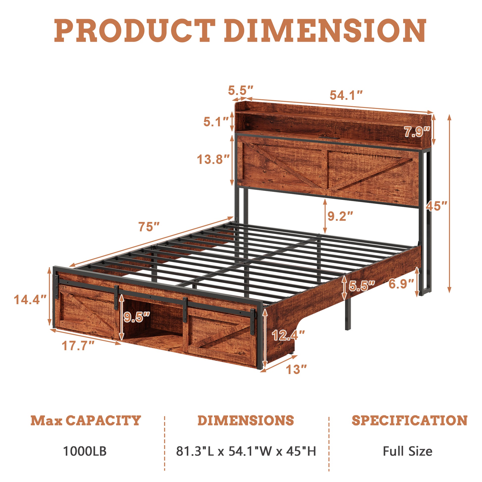 Full Size Bed Frame with Storage Headboard and LED Lights, Upholstered Platform Bed with Footboard Drawers, Sturdy Metal Slats, Noise-Free Mattress Support, No Box Spring Needed, Brown image 8