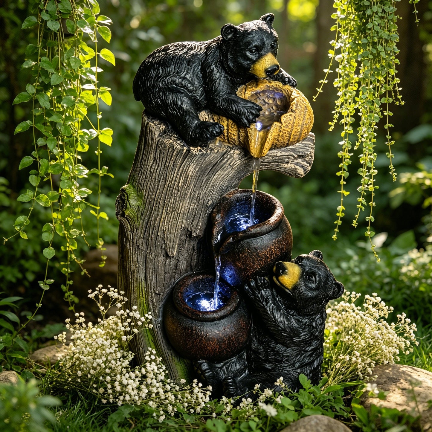 Bear Outdoor Water Fountain with LED Lights Cascading Fountains Outdoor for Patio Yard Balcony 23.62'' Garden Fountains Outdoor and Outdoor Water Fountain Decor image 3