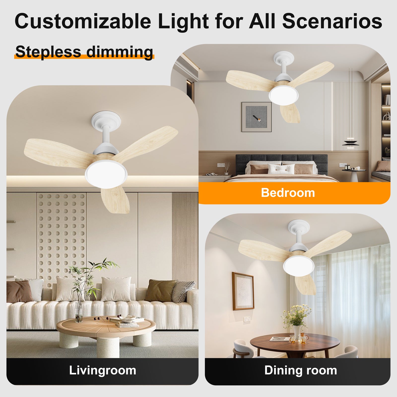 24.4" Wood Grain Ceiling Fan with Light, 3 Blades, 6-Speed Reversible Quiet DC Motor, Dimmable LED, APP & Remote Control, Flush Mount for Bedroom Living Room Farmhouse image 5