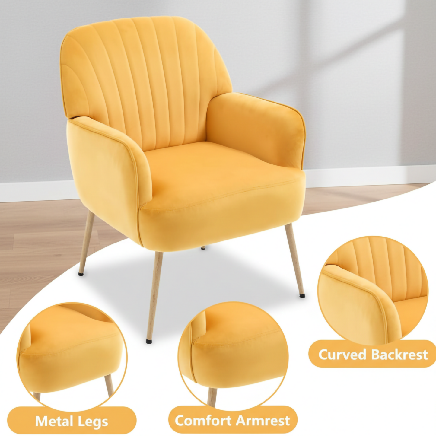 Velvet Accent Chair, Modern Upholstered Living Room Chairs, Luxury Single Sofa Armchair with Metal Legs, Comfy Barrel Chairs for Living Room, Waiting Room, Bedroom, Office and Cafe, Yellow image 3