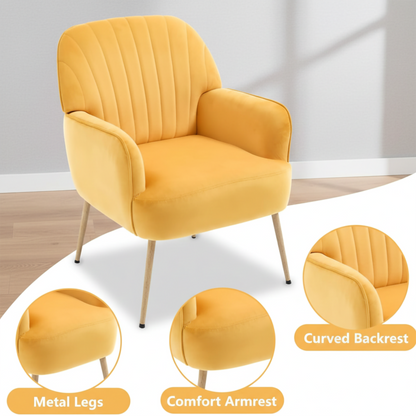 Velvet Accent Chair, Modern Upholstered Living Room Chairs, Luxury Single Sofa Armchair with Metal Legs, Comfy Barrel Chairs for Living Room, Waiting Room, Bedroom, Office and Cafe, Yellow image 3