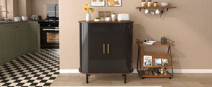 28" Fluted Wine Bar Cabinet with 8-Grid Wine Rack, 5-Level Adjustable Shelves, 2 Glass Holders, Smoothly Sliding Tambour Doors, 4 Hidden Storage Space on the Side, Modern Liquor Coffee Station, Black image 11