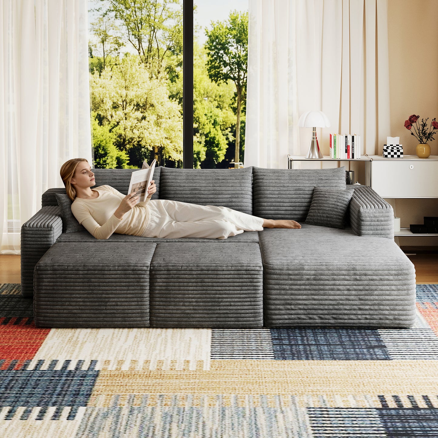 95" Cloud Sectional Sofa with 2 Ottoman,Modern Minimalist Upholstered Couches, Comfort U Shaped Sofa for Living Room,Deep Seat Corner Couch,No Assembly Required,Dark Grey(Plush Corduroy Fabric) image 2