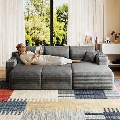 95" Cloud Sectional Sofa with 2 Ottoman,Modern Minimalist Upholstered Couches, Comfort U Shaped Sofa for Living Room,Deep Seat Corner Couch,No Assembly Required,Dark Grey(Plush Corduroy Fabric) image 2