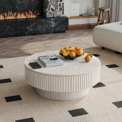 31.5'' Round Coffee Table with Storage Solid Wood Veneered Modern Coffee Table Accent Tea Table for Living Room, Bedroom, Apartment or Office, Retro White image 2
