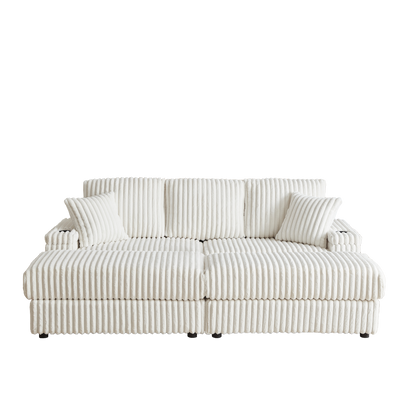 84Inch Corduroy 3-seater sofa With 3 back pillows,2 toss pillows, 2 ottoman,2 Footstool Storage and cup-holding grooves Comfy Sofa- Deep Seat Couch for Living Room image 9