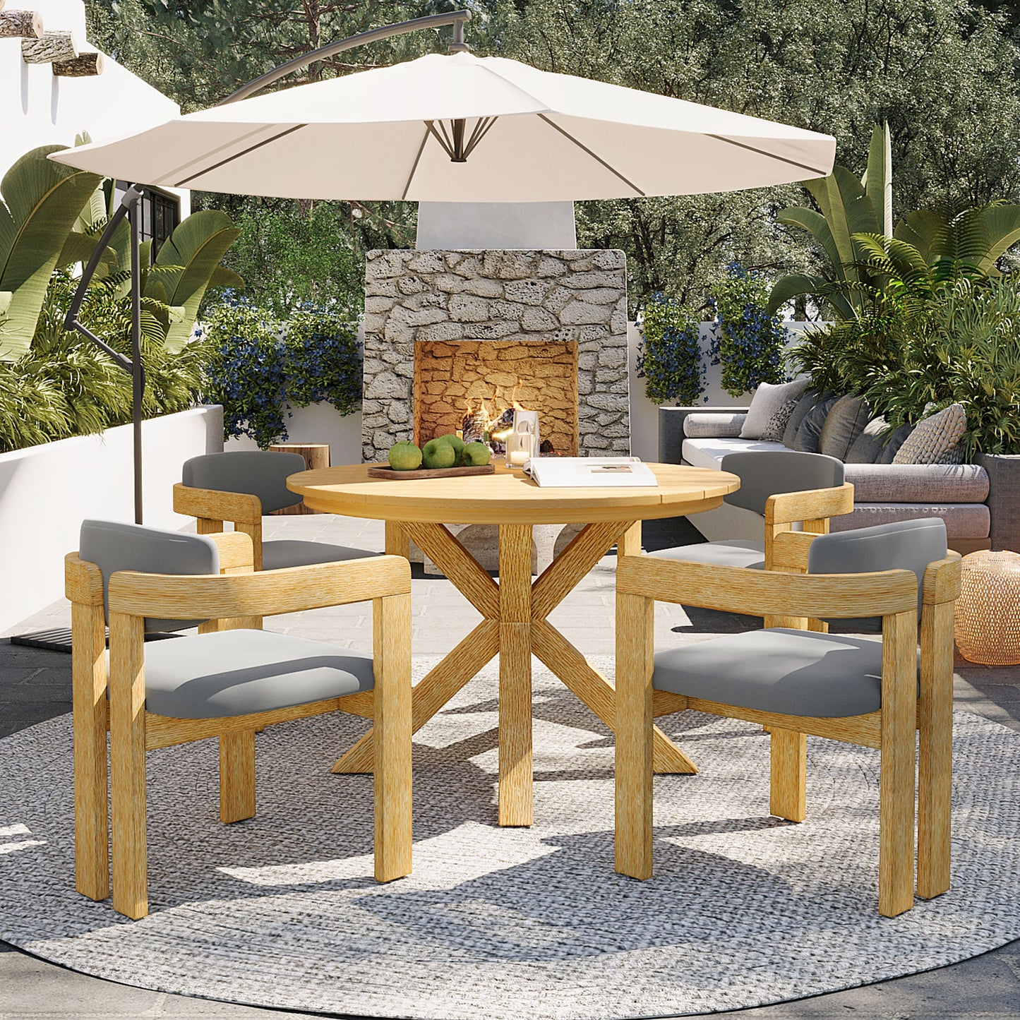 5-Piece Outdoor Acacia Wood Round Dining Set, Solid Wood Patio Table with 4 Barrel Chairs, Cushioned Seats & Backs, Modern Garden Conversation Set, Gray Cushion image 4