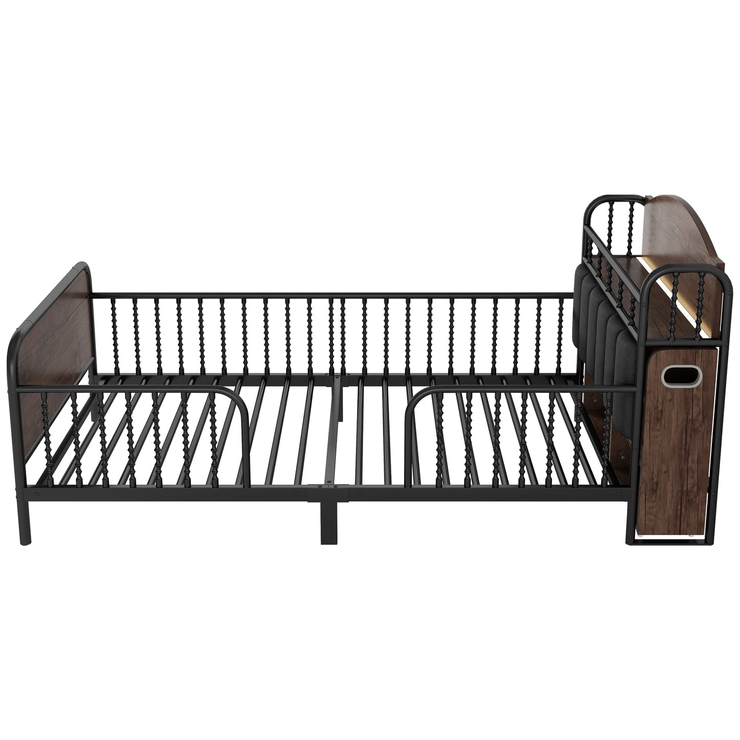 Twin Size Metal Platform Bed Frame with Light, Kids Twin Metal Bed with Upholstered and Pull Out Storage Shelves, Black (Expect Arrival Date 2025/10/5) image 10