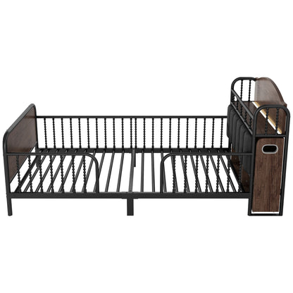 Twin Size Metal Platform Bed Frame with Light, Kids Twin Metal Bed with Upholstered and Pull Out Storage Shelves, Black (Expect Arrival Date 2025/10/5) image 10