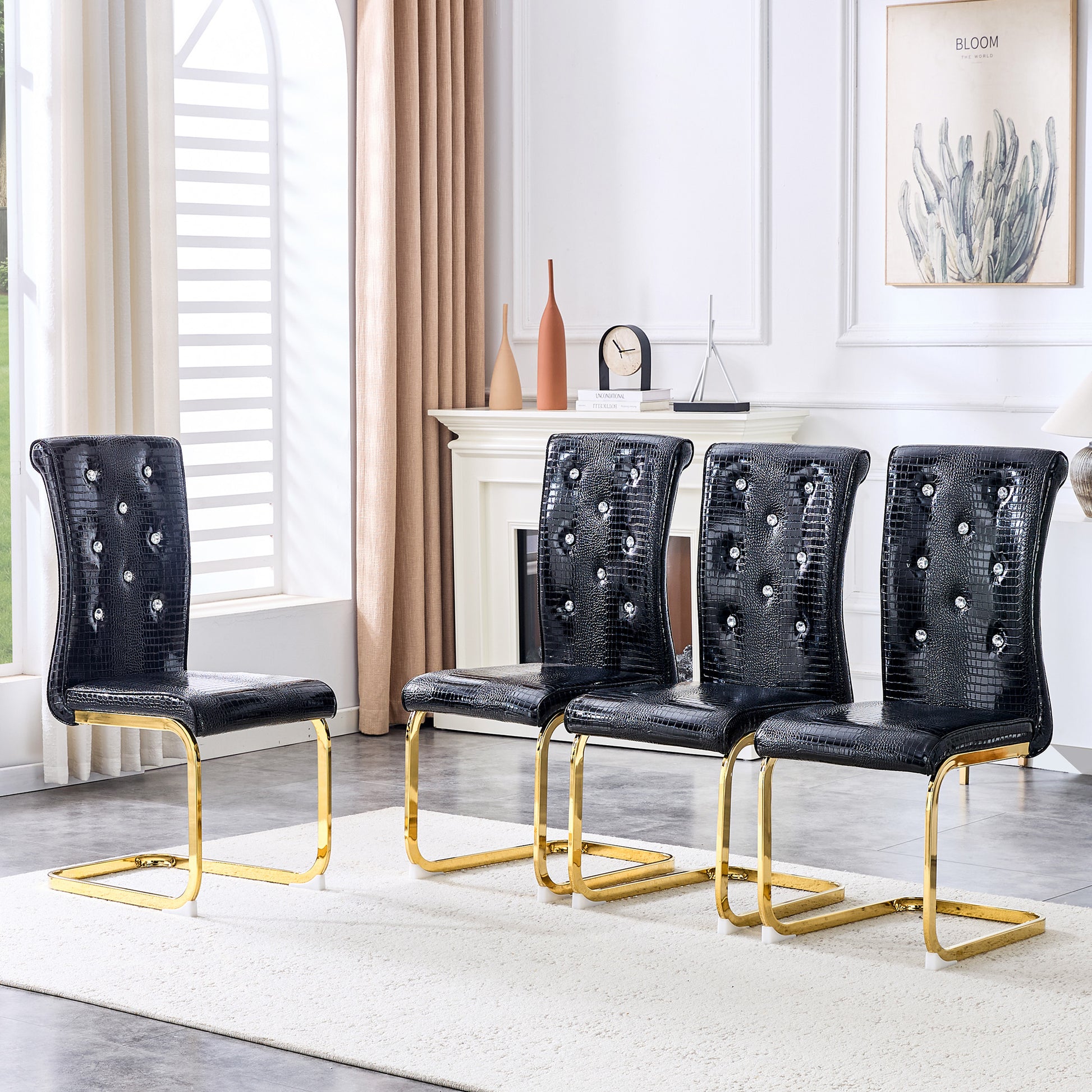 Set of 4,Retro alligator skin Upholstered dining chairs,with Crystal buckle design and Faux Leather design,a touch of elegance and mystery to the dining area,Gold plated metal bow leg image 1